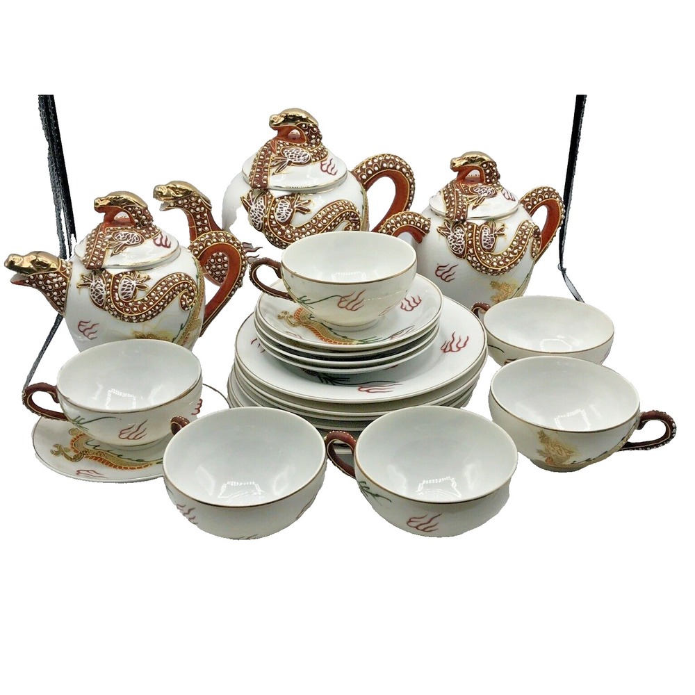 Vintage Kutani Dragon Ware Geisha Girl Litho‎ Porcelain Tea Set for 6 - 20 Piece